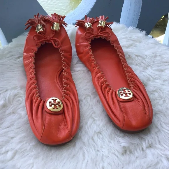 Tory Burch Brazen Burnt Orange Reese Mestico Leather Tasseled Ballet Flats - Picture 9 of 11